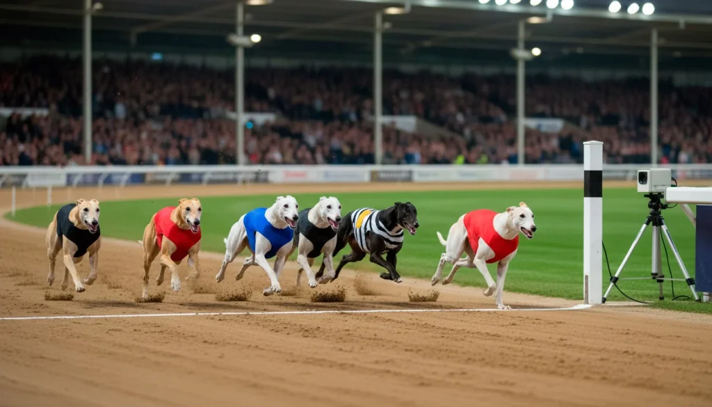 Greyhounds racing to the finish line at English Derby