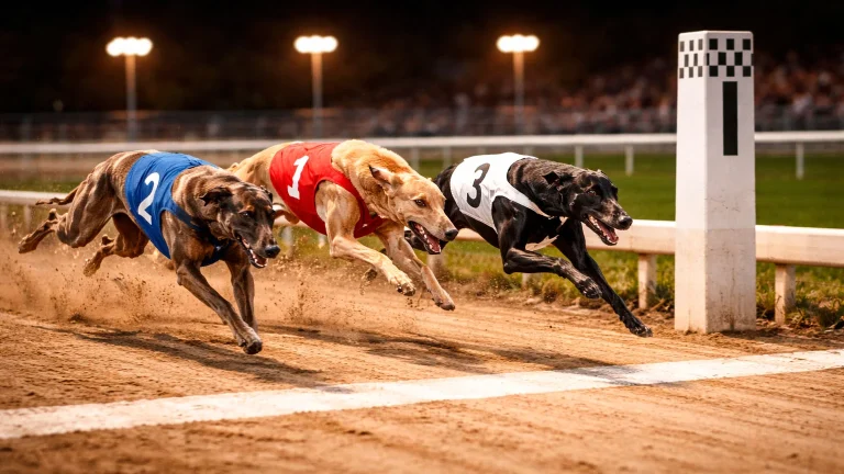 Three greyhounds crossing finish line at UK track