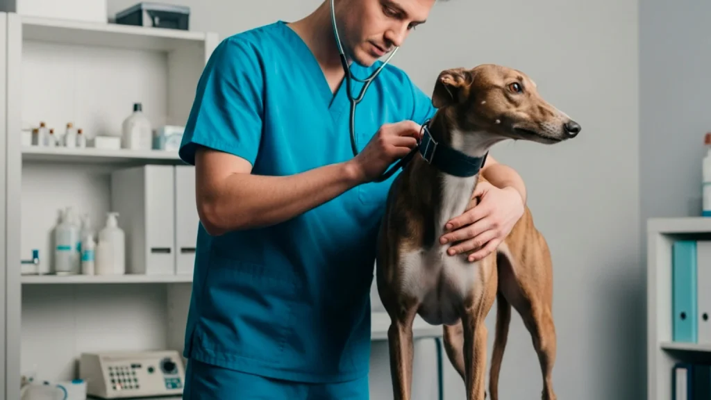 Veterinarian examining greyhound at UK racing track