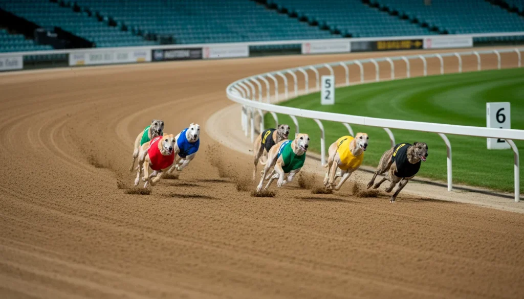 Greyhound racing around bend on UK oval track