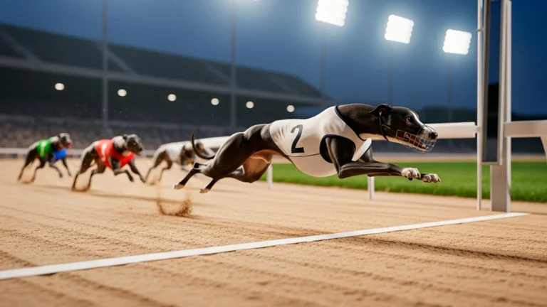 Greyhound crossing finish line at UK track
