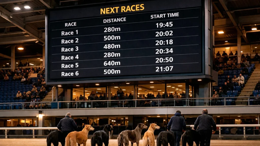 Greyhound racing meeting schedule board at UK stadium