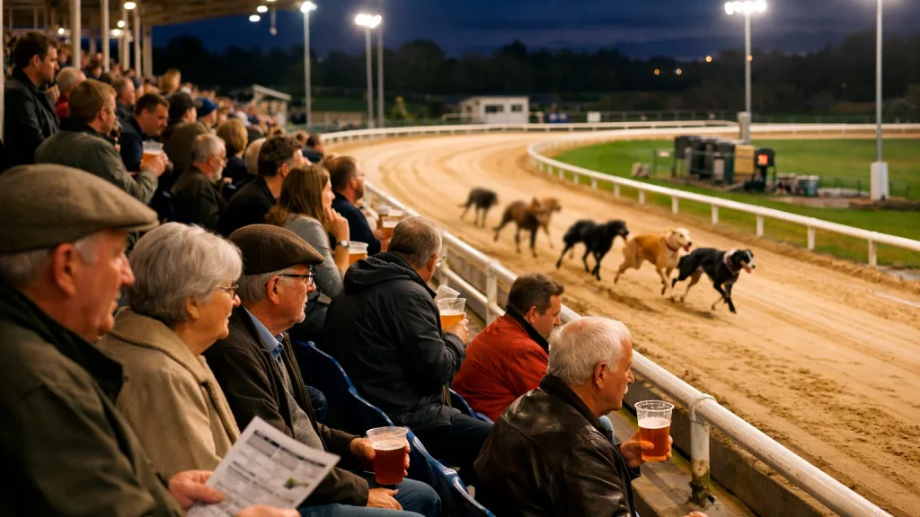 Spectators at UK greyhound stadium grandstand