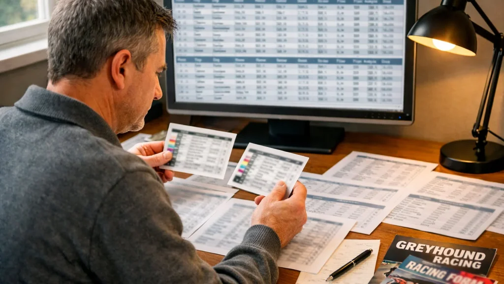 Racing analyst studying greyhound form data