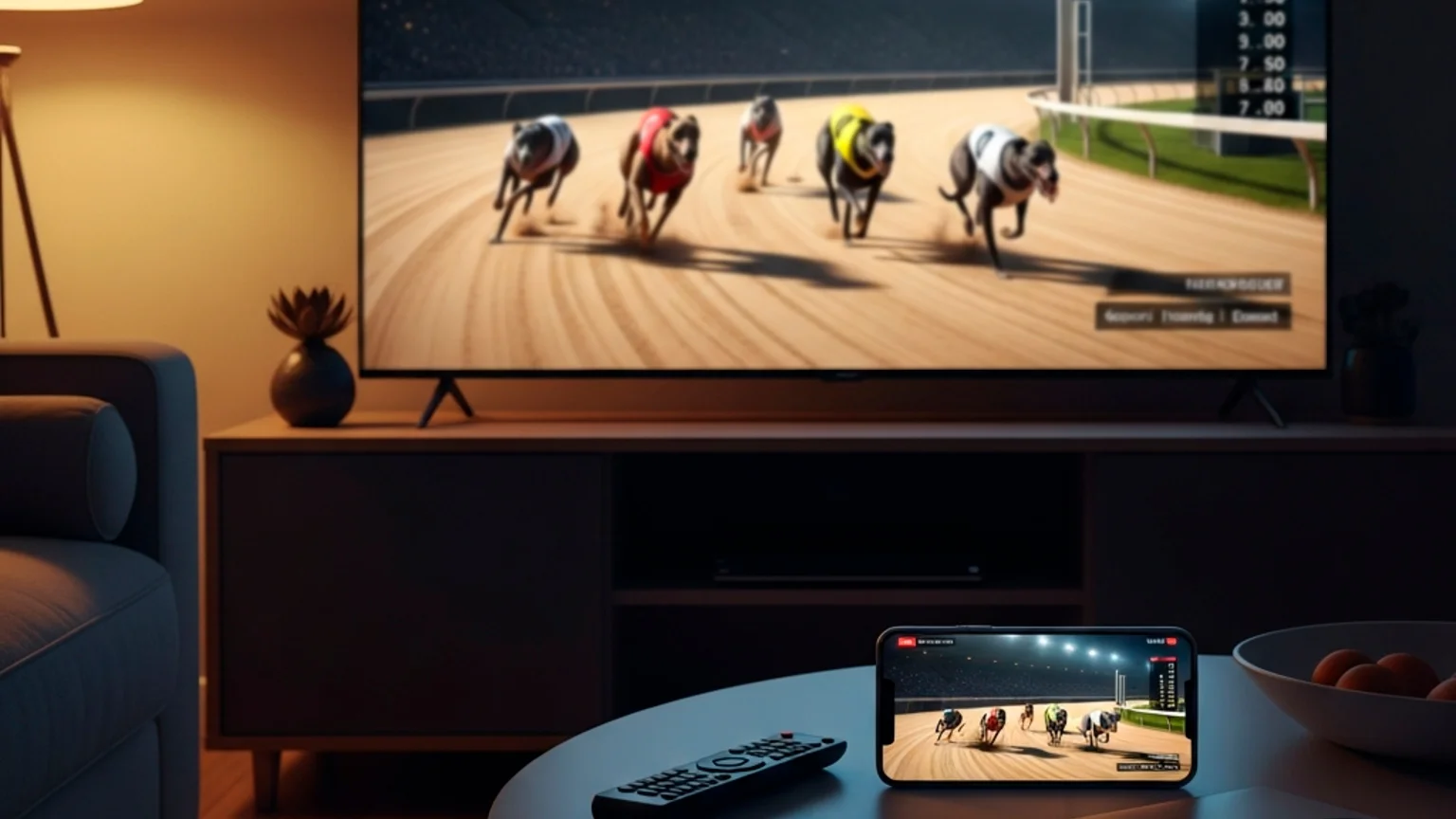 Television showing live UK greyhound racing broadcast with Sky Sports Racing channel