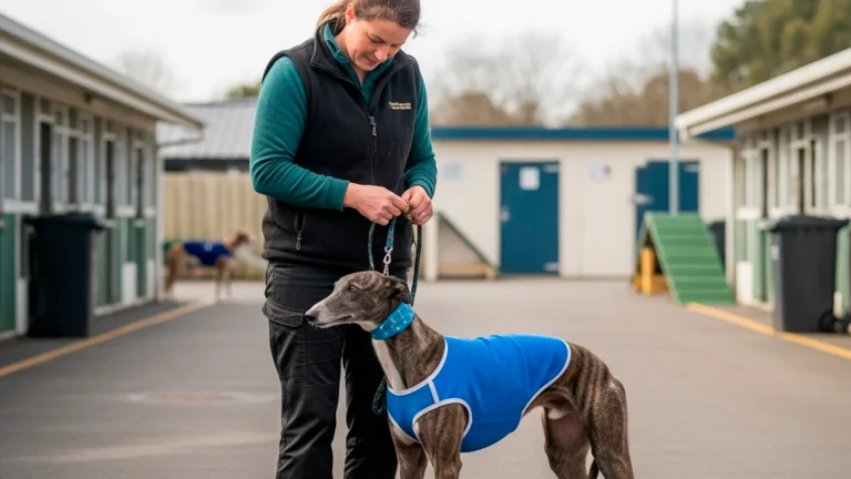 Greyhound trainer with racing dog at kennel