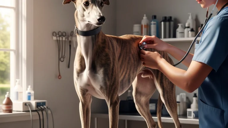 Greyhound with veterinarian receiving health check