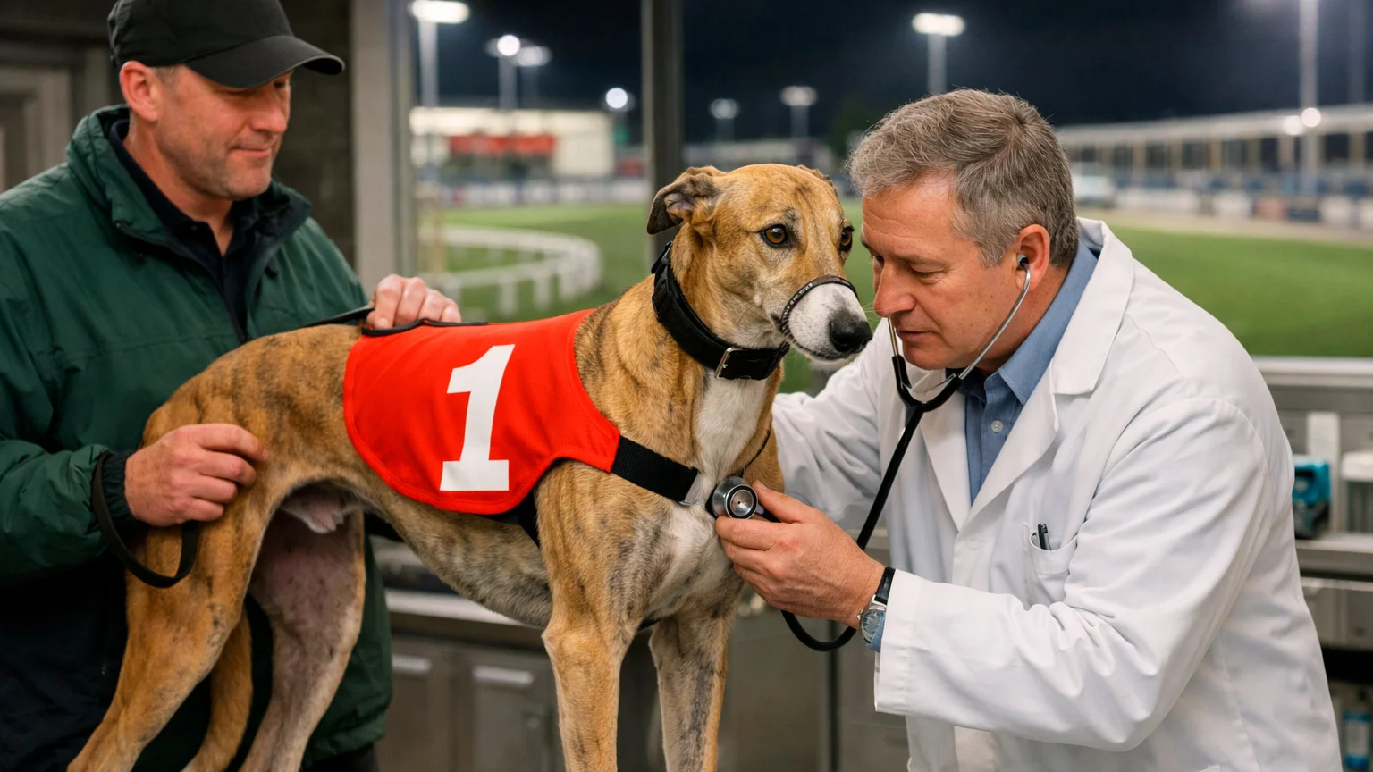 Racing greyhound with GBGB identification jacket being checked by veterinarian at UK track