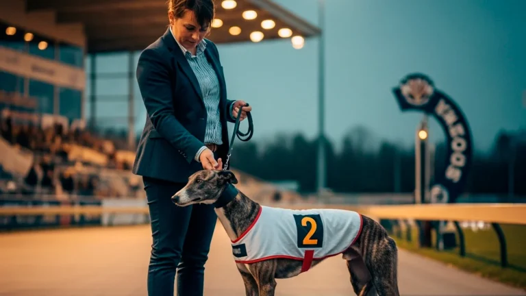 Greyhound owner with racing dog at UK track paddock