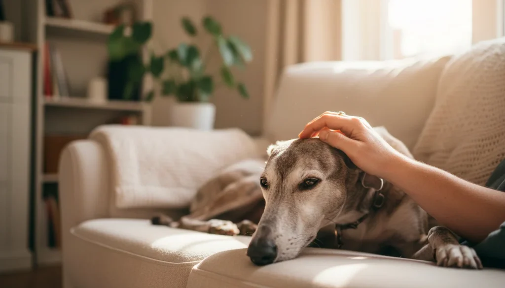 Retired racing greyhound with new family at home