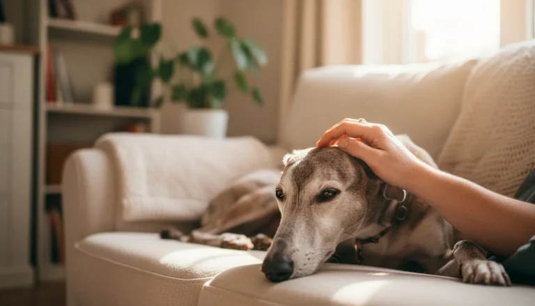 Retired racing greyhound with new family at home