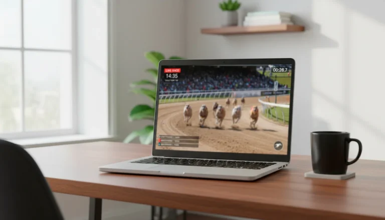 SIS Racing greyhound live stream on laptop screen