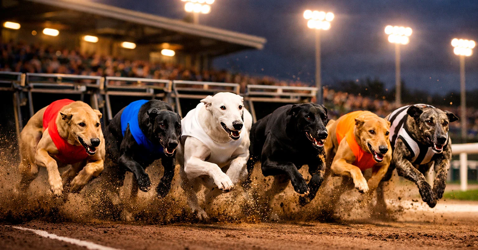 UK greyhound racing live at floodlit GBGB stadium with six dogs racing around the track