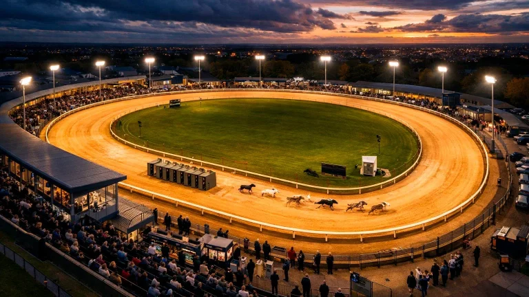 UK greyhound stadium with sand track and grandstand