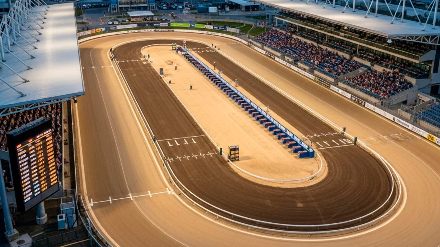Aerial view of a modern UK greyhound racing stadium with oval track and grandstand