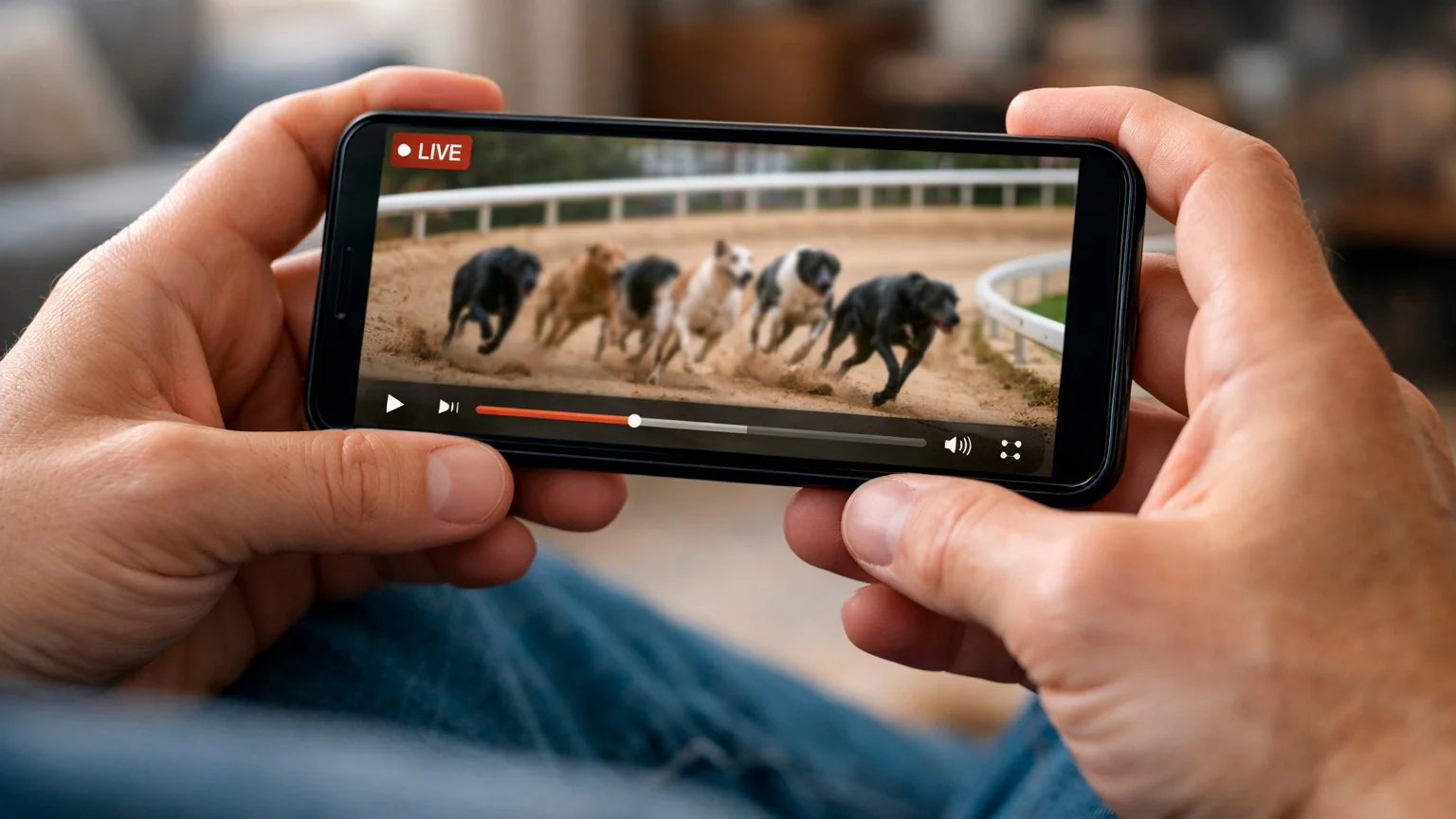 Person holding smartphone watching live greyhound racing stream on mobile app